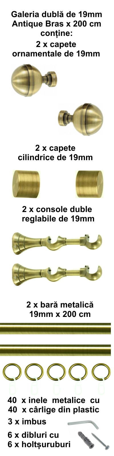 Galerie metalica Kalisto dubla 19 mm, antique brass (auriu antic) - imagine 2