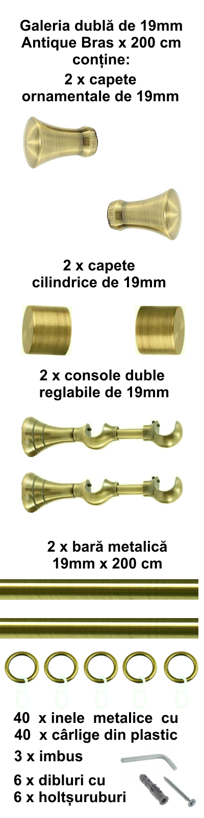 Galerie metalica Monaco dubla 19 mm, antique brass (auriu antic) - imagine 3