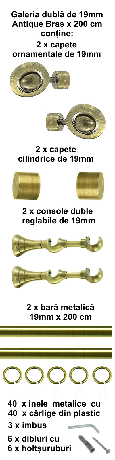 Galerie metalica Seti dubla 19 mm, antique brass (auriu antic) - imagine 3