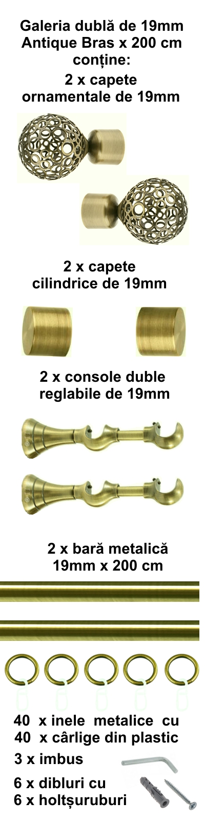 Galerie metalica Sun dubla 19 mm, antique brass (auriu antic) - imagine 3