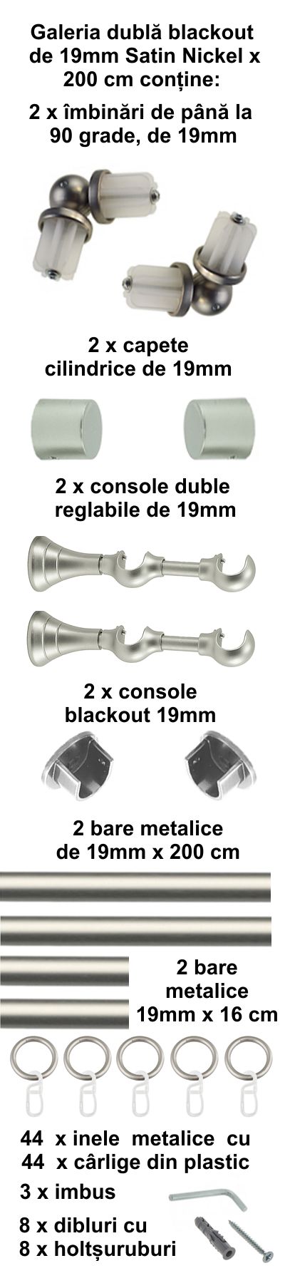 Galerie metalica Blackout dubla 19 mm, satin nickel (argintiu mat) - imagine 4