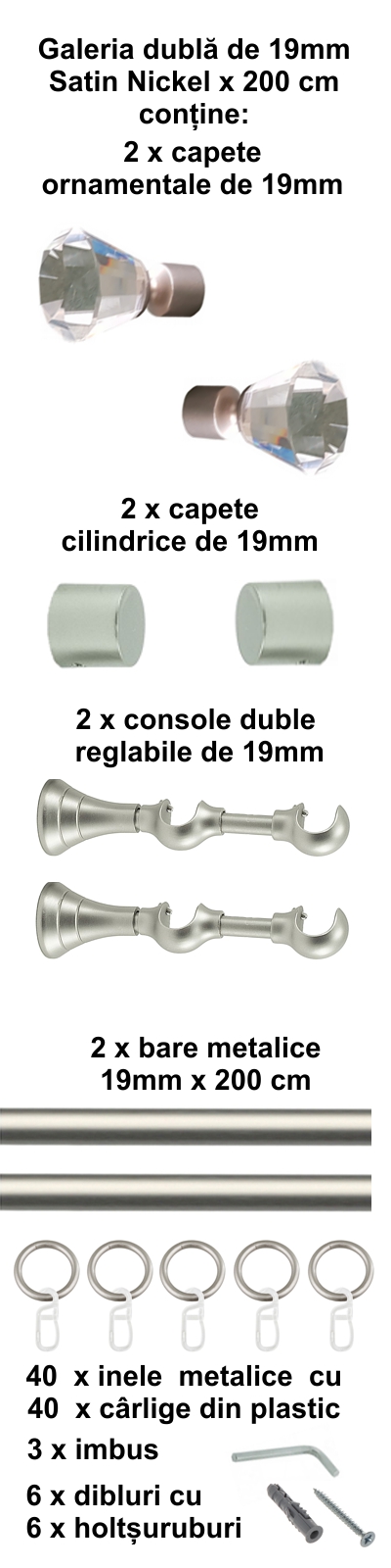 Galerie metalica Cristal dubla 19 mm, satin nichel (argintiu mat) - imagine 4