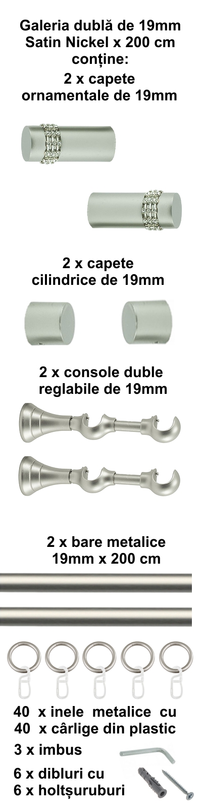 Galerie metalica Dios dubla 19 mm, satin nichel (argintiu mat) - imagine 4