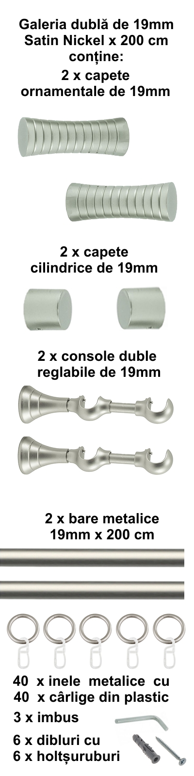 Galerie metalica Febris dubla 19 mm, satin nichel (argintiu mat) - imagine 4