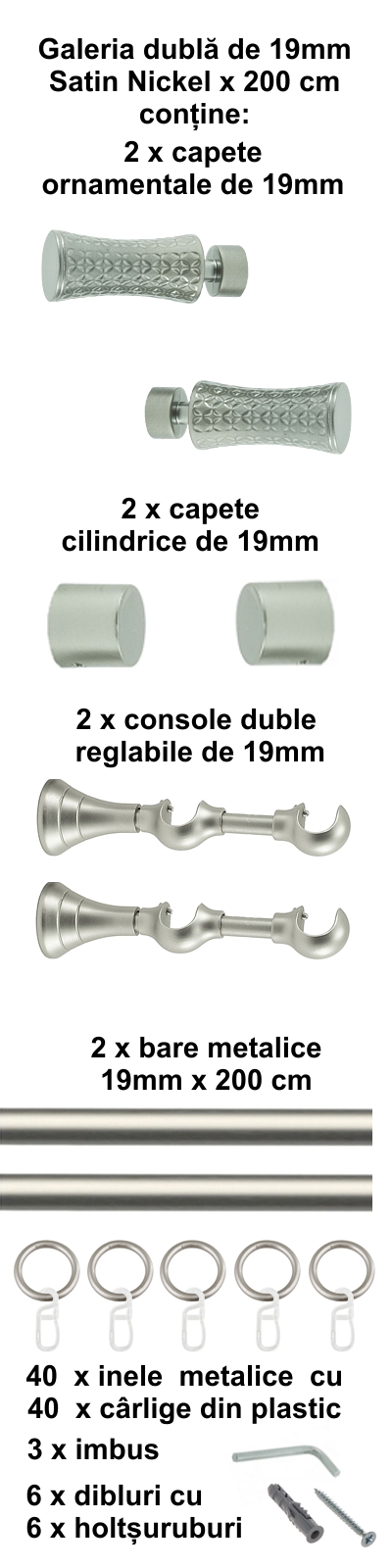 Galerie metalica Jaris dubla 19 mm, satin nichel (argintiu mat) - imagine 4