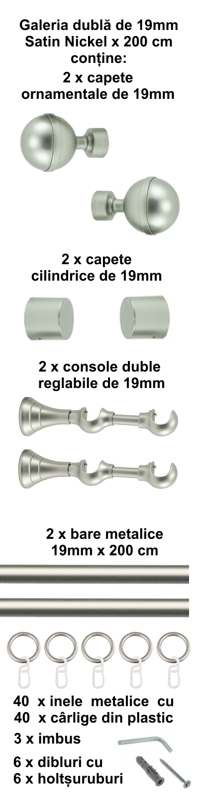 Galerie metalica Kalisto dubla 19 mm, satin nichel (argintiu mat) - imagine 6