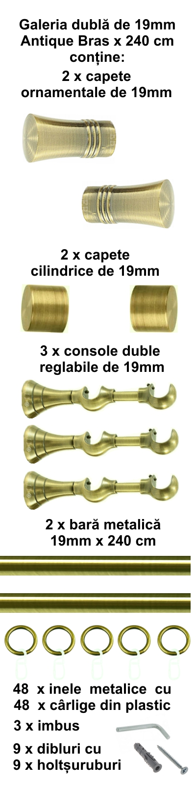 Galerie metalica Capri dubla 19 mm, antique brass (auriu antic) - imagine 4