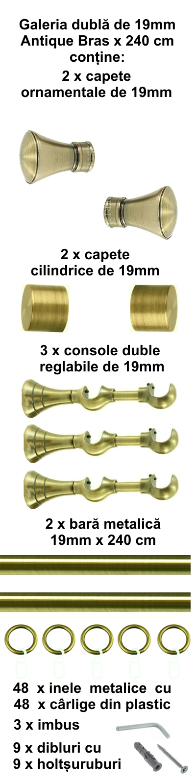 Galerie metalica Conic dubla 19 mm, antique brass (auriu antic) - imagine 4