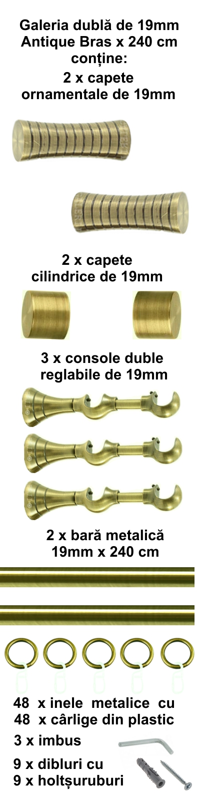 Galerie metalica Febris dubla 19 mm, antique brass (auriu antic) - imagine 4