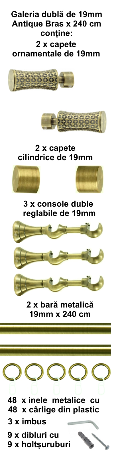 Galerie metalica Jaris dubla 19 mm, antique brass (auriu antic) - imagine 4