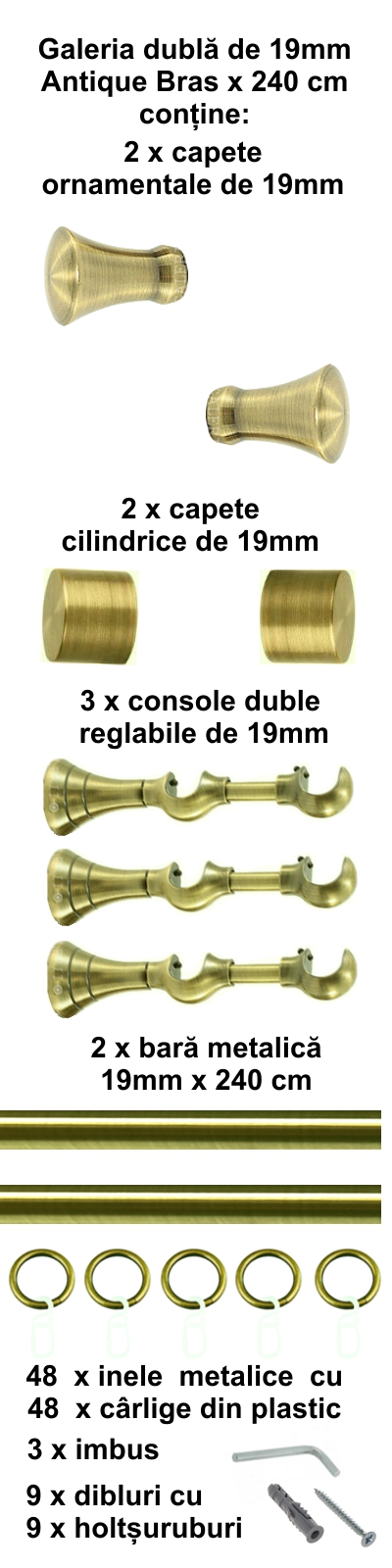 Galerie metalica Monaco dubla 19 mm, antique brass (auriu antic) - imagine 4