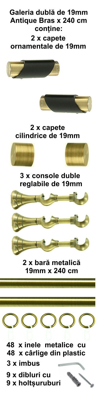 Galerie metalica Paris dubla 19 mm, antique brass (auriu antic) - imagine 4