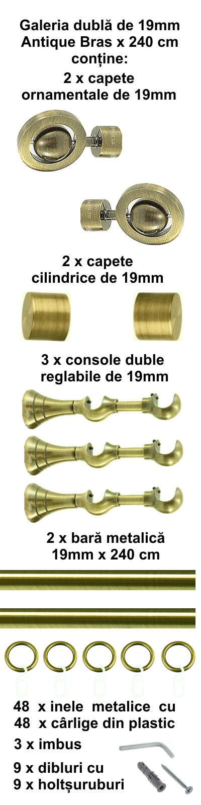 Galerie metalica Seti dubla 19 mm, antique brass (auriu antic) - imagine 4