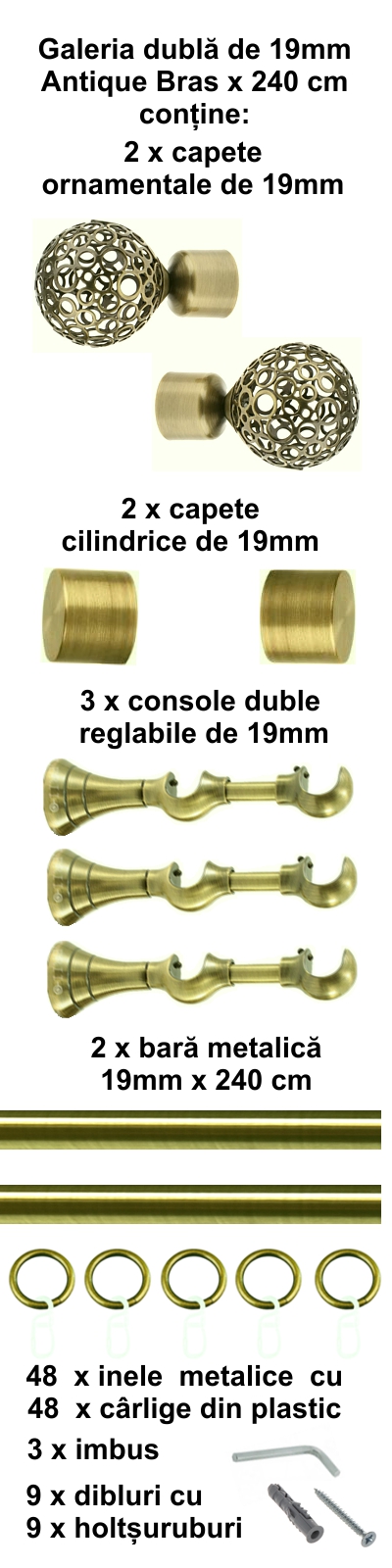 Galerie metalica Sun dubla 19 mm, antique brass (auriu antic) - imagine 4