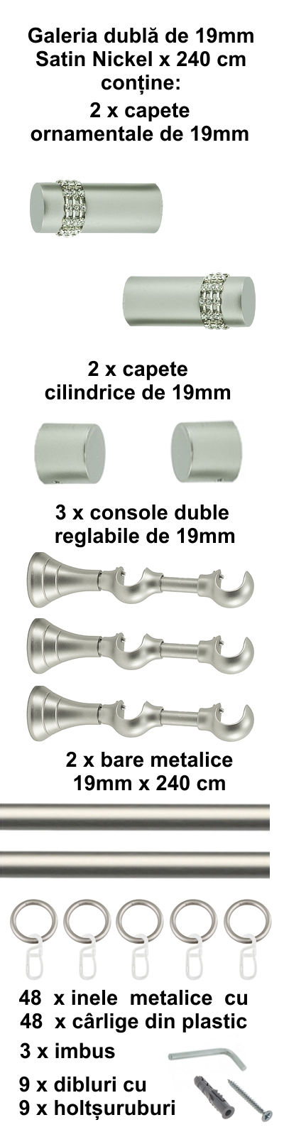 Galerie metalica Dios dubla 19 mm, satin nichel (argintiu mat) - imagine 5