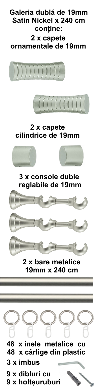 Galerie metalica Febris dubla 19 mm, satin nichel (argintiu mat) - imagine 5