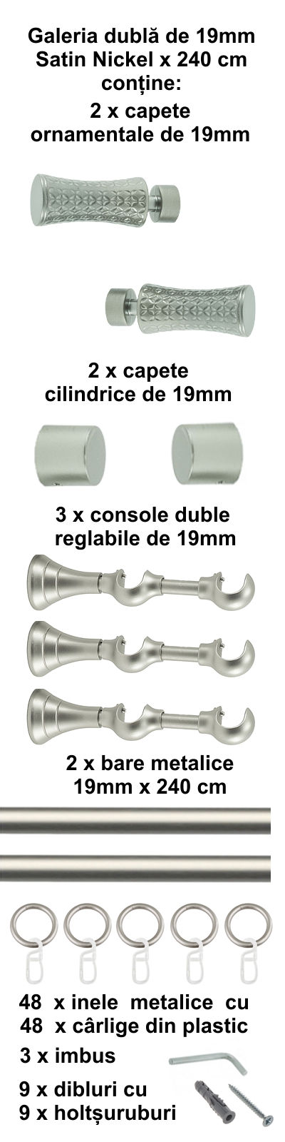 Galerie metalica Jaris dubla 19 mm, satin nichel (argintiu mat) - imagine 5