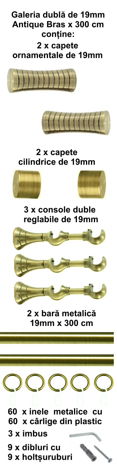 Galerie metalica Febris dubla 19 mm, antique brass (auriu antic) - imagine 5
