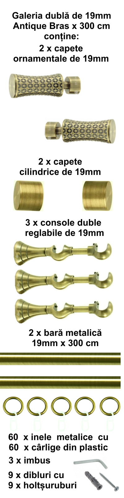 Galerie metalica Jaris dubla 19 mm, antique brass (auriu antic) - imagine 5
