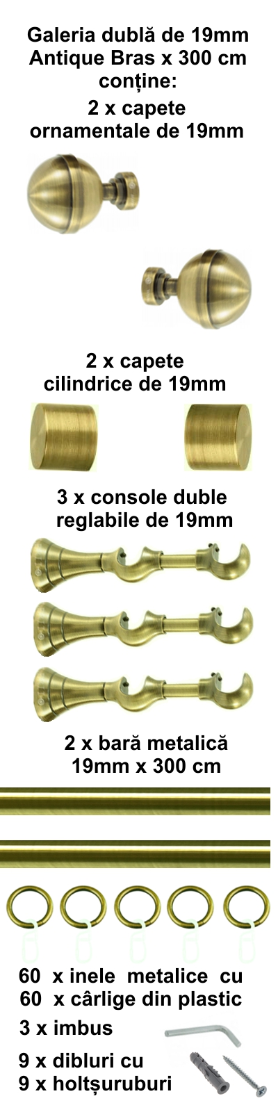Galerie metalica Kalisto dubla 19 mm, antique brass (auriu antic) - imagine 3