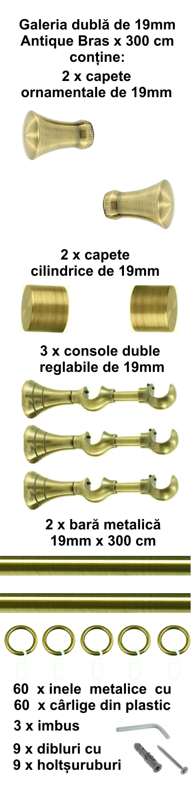 Galerie metalica Monaco dubla 19 mm, antique brass (auriu antic) - imagine 5