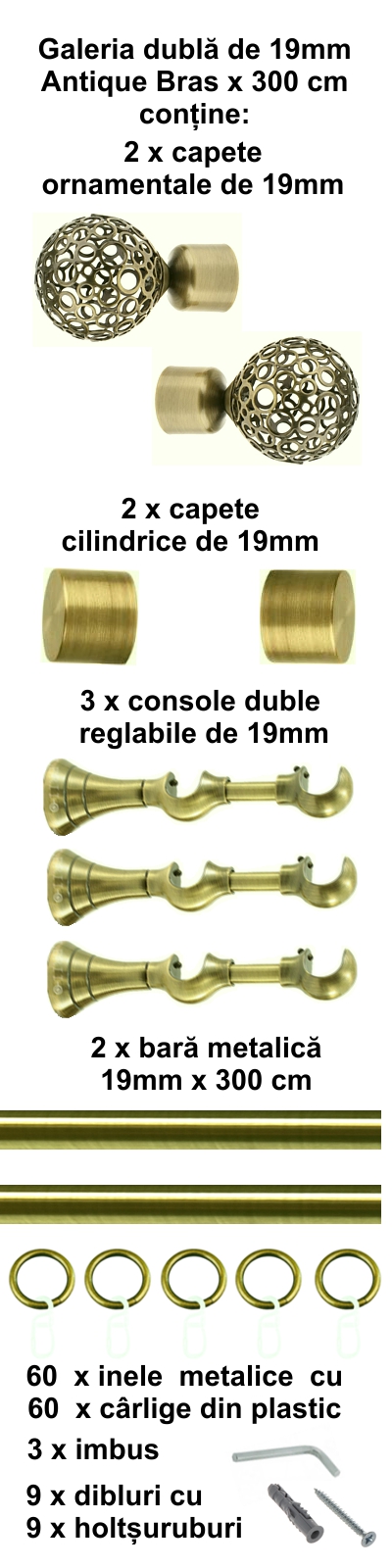 Galerie metalica Sun dubla 19 mm, antique brass (auriu antic) - imagine 5