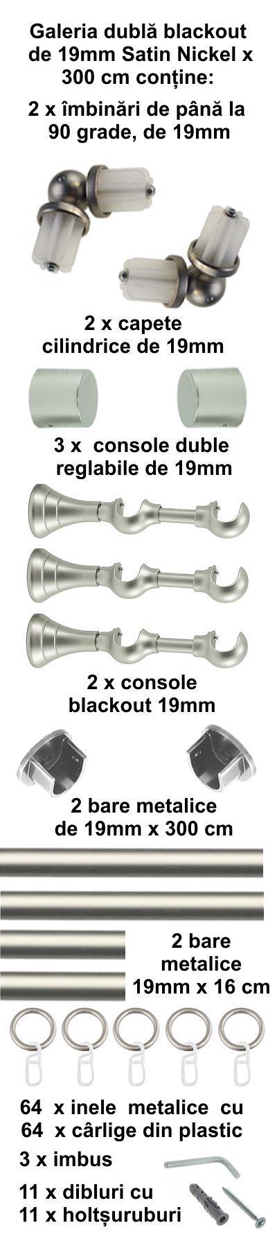 Galerie metalica Blackout dubla 19 mm, satin nickel (argintiu mat) - imagine 6