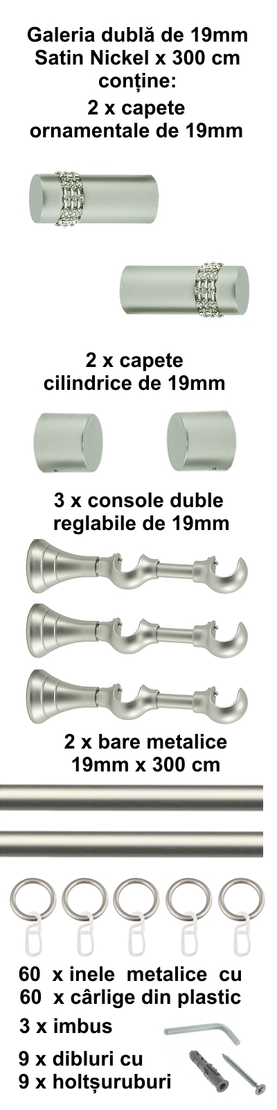 Galerie metalica Dios dubla 19 mm, satin nichel (argintiu mat) - imagine 6