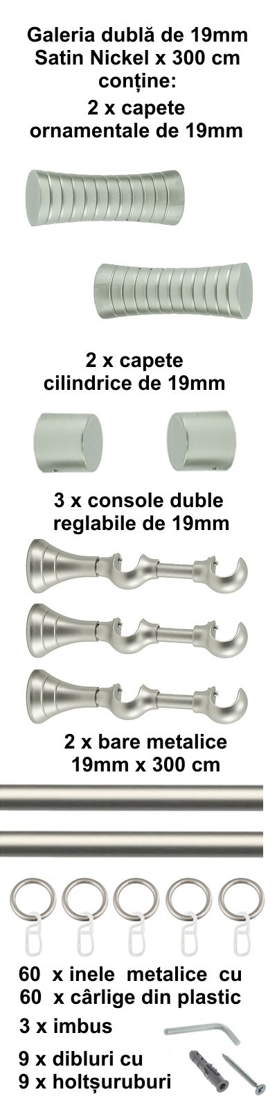 Galerie metalica Febris dubla 19 mm, satin nichel (argintiu mat) - imagine 6