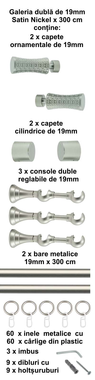 Galerie metalica Jaris dubla 19 mm, satin nichel (argintiu mat) - imagine 6