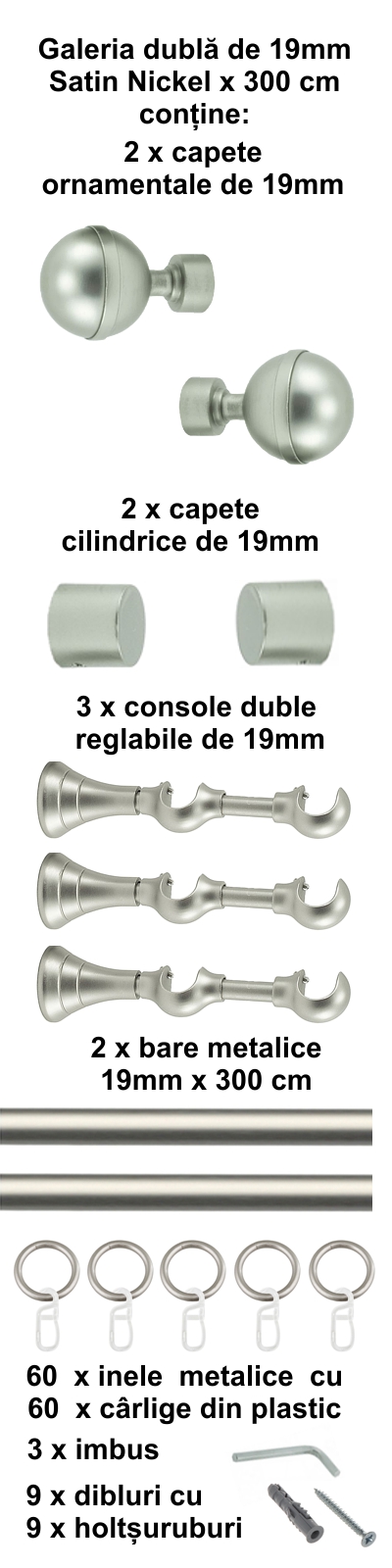 Galerie metalica Kalisto dubla 19 mm, satin nichel (argintiu mat) - imagine 4
