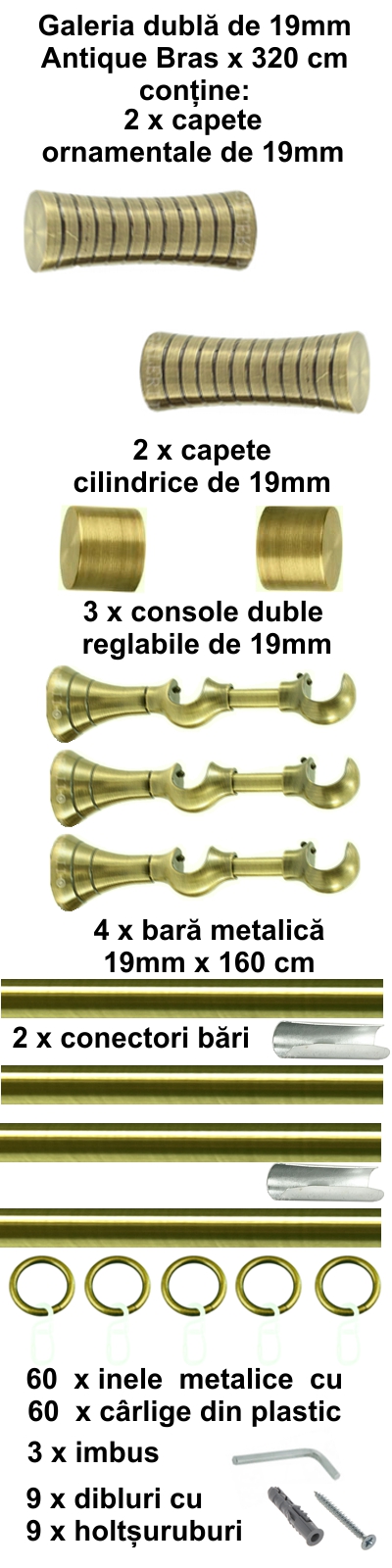 Galerie metalica Febris dubla 19 mm, antique brass (auriu antic) - imagine 6
