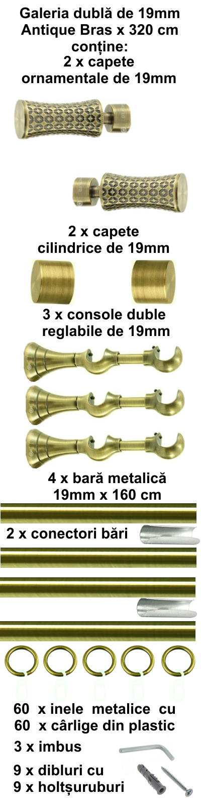 Galerie metalica Jaris dubla 19 mm, antique brass (auriu antic) - imagine 6