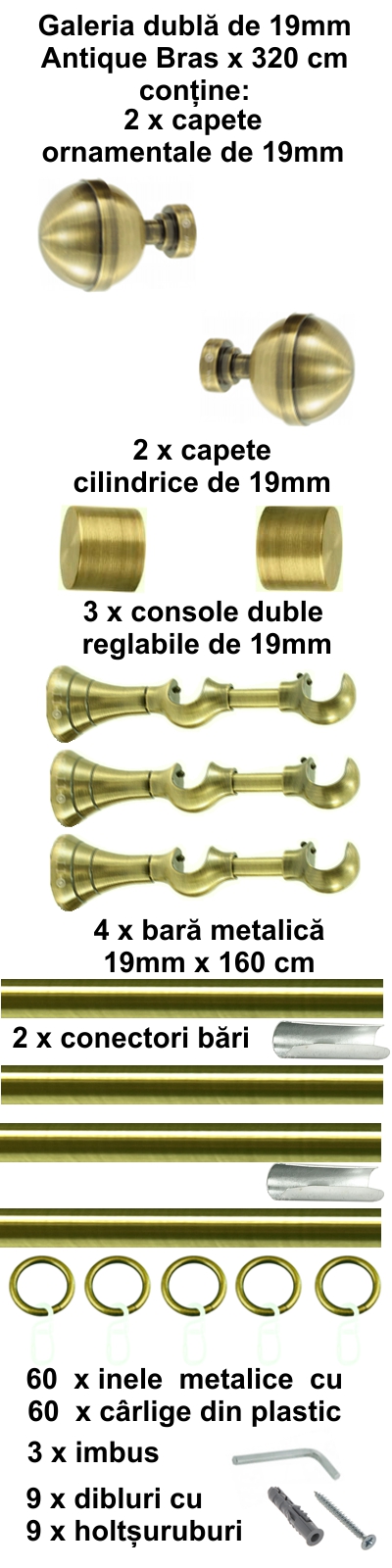 Galerie metalica Kalisto dubla 19 mm, antique brass (auriu antic) - imagine 6