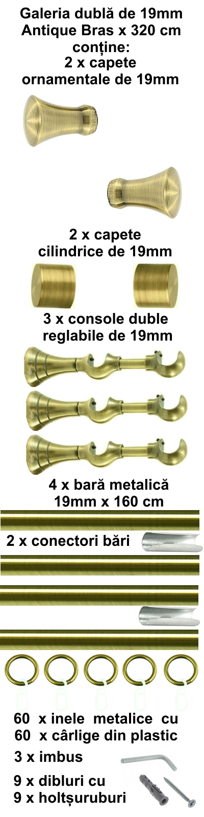 Galerie metalica Monaco dubla 19 mm, antique brass (auriu antic) - imagine 6