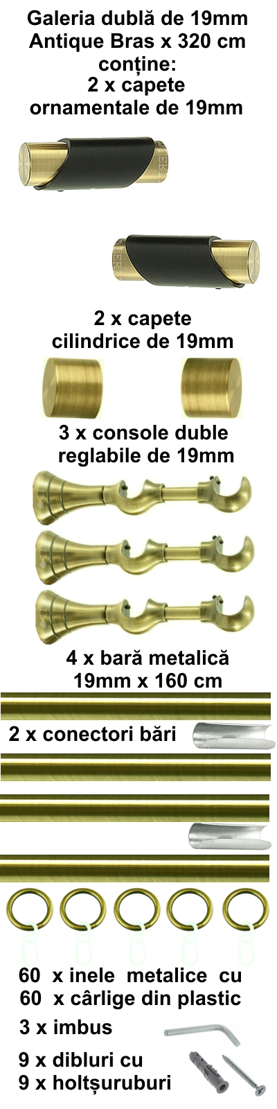 Galerie metalica Paris dubla 19 mm, antique brass (auriu antic) - imagine 6