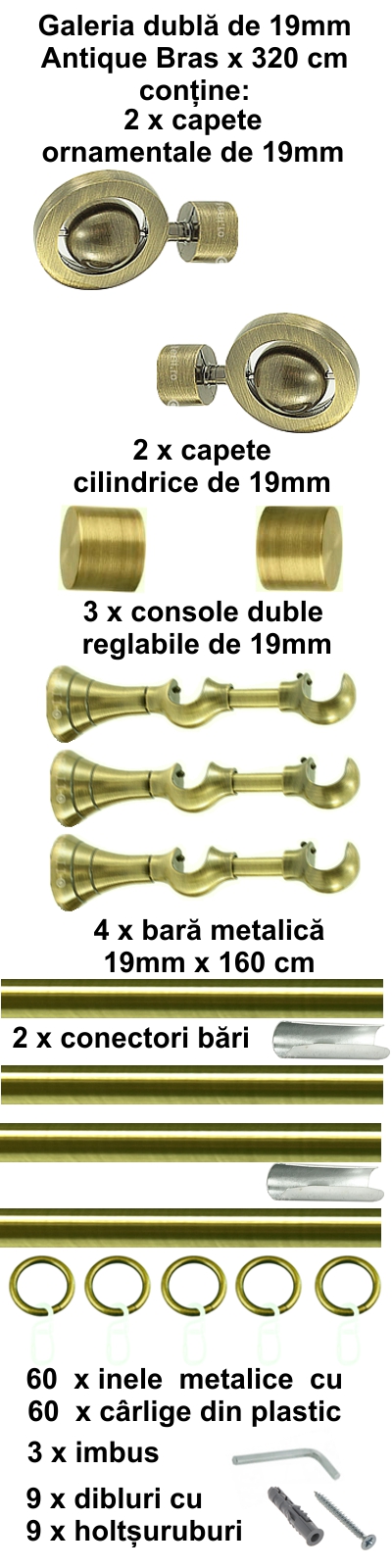 Galerie metalica Seti dubla 19 mm, antique brass (auriu antic) - imagine 6
