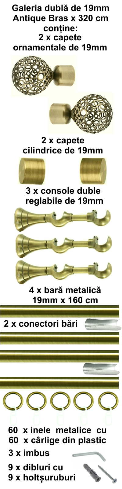 Galerie metalica Sun dubla 19 mm, antique brass (auriu antic) - imagine 6