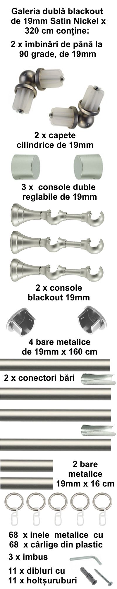 Galerie metalica Blackout dubla 19 mm, satin nickel (argintiu mat) - imagine 7