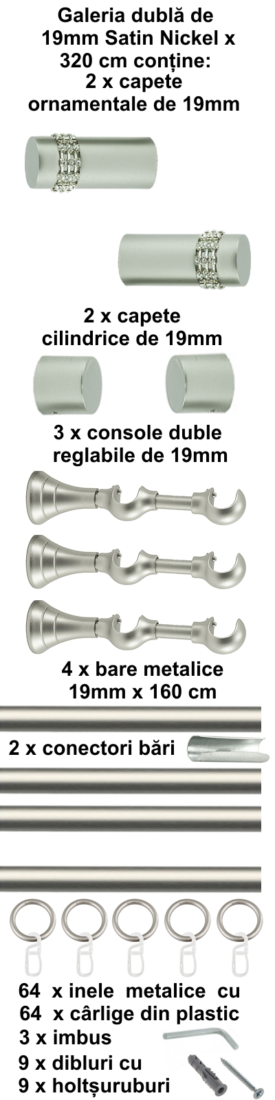 Galerie metalica Dios dubla 19 mm, satin nichel (argintiu mat) - imagine 7