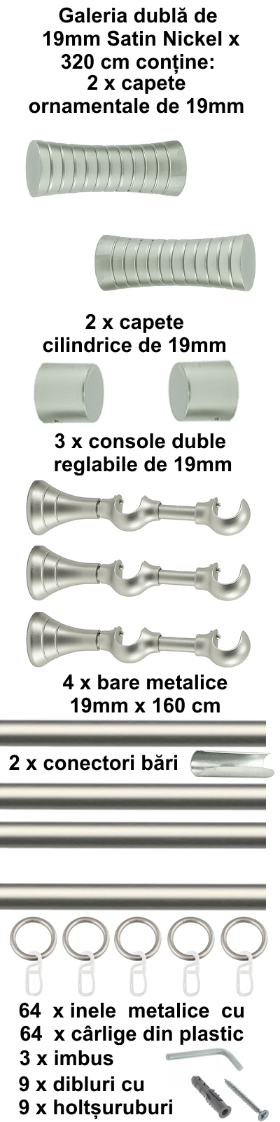 Galerie metalica Febris dubla 19 mm, satin nichel (argintiu mat) - imagine 7