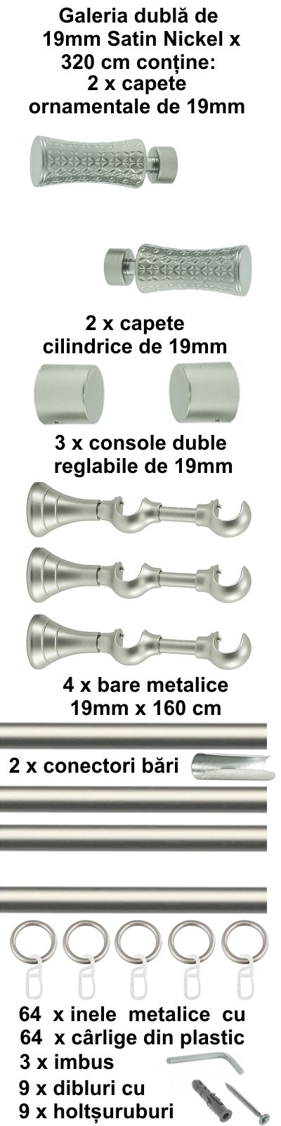 Galerie metalica Jaris dubla 19 mm, satin nichel (argintiu mat) - imagine 7