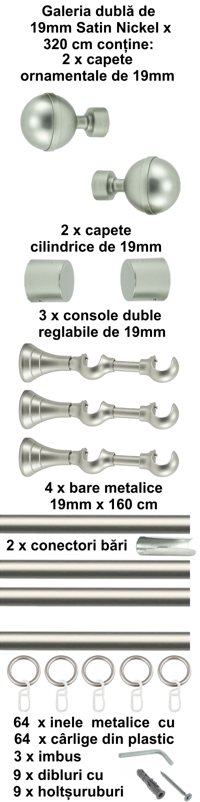 Galerie metalica Kalisto dubla 19 mm, satin nichel (argintiu mat) - imagine 7
