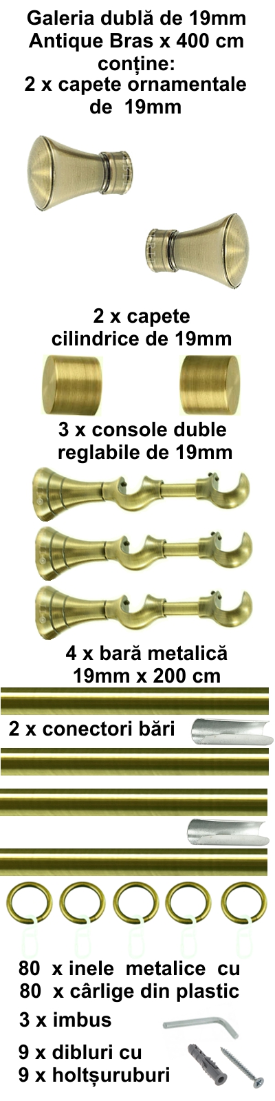 Galerie metalica Conic dubla 19 mm, antique brass (auriu antic) - imagine 8