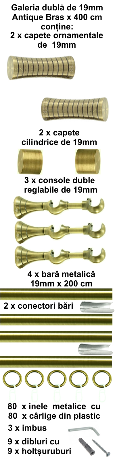 Galerie metalica Febris dubla 19 mm, antique brass (auriu antic) - imagine 8