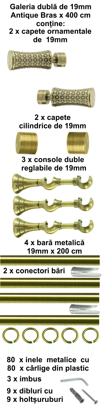 Galerie metalica Jaris dubla 19 mm, antique brass (auriu antic) - imagine 8