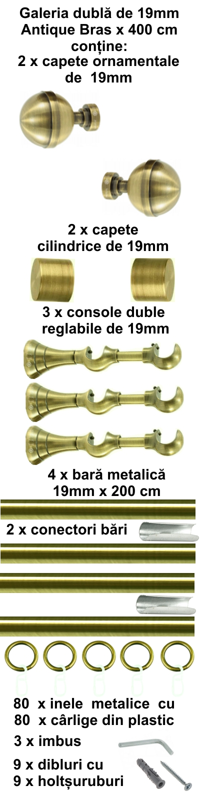 Galerie metalica Kalisto dubla 19 mm, antique brass (auriu antic) - imagine 8