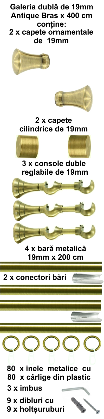 Galerie metalica Monaco dubla 19 mm, antique brass (auriu antic) - imagine 8