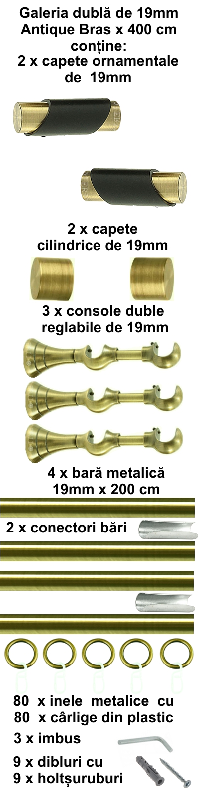 Galerie metalica Paris dubla 19 mm, antique brass (auriu antic) - imagine 8