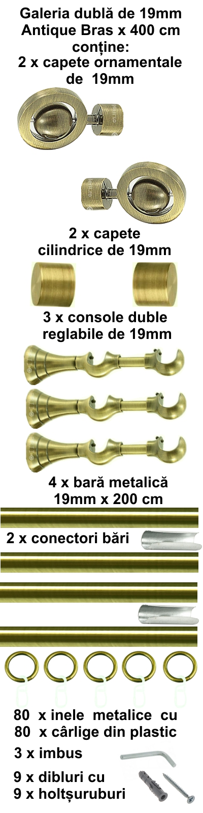 Galerie metalica Seti dubla 19 mm, antique brass (auriu antic) - imagine 8